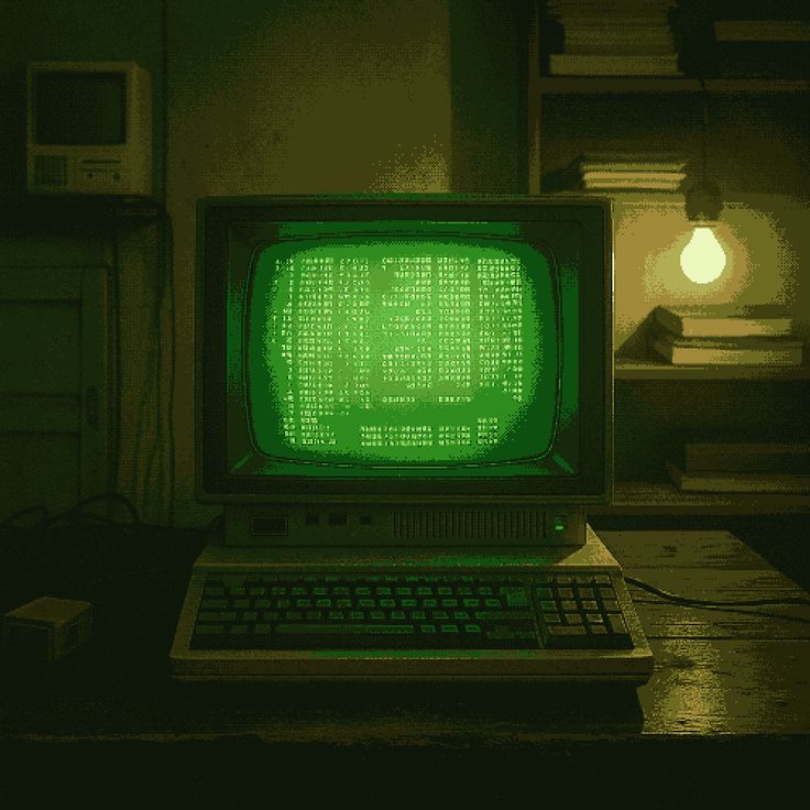 Pixel-art illustration of a vintage computer with a glowing green screen in a dim room