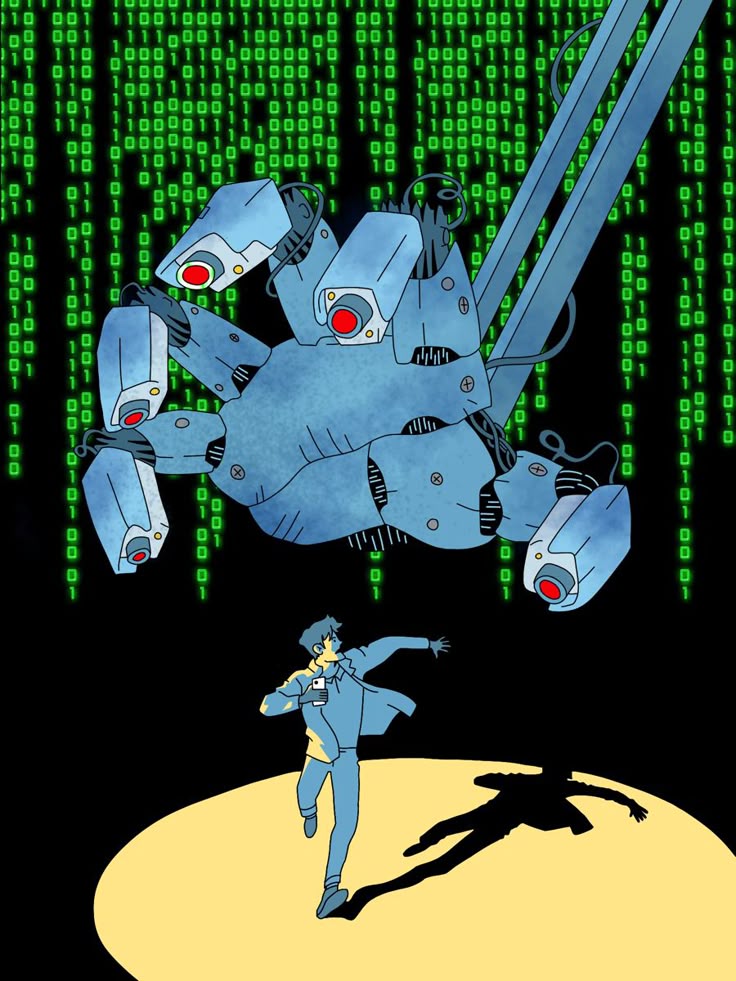 Illustration of a mechanical hand with camera fingertips reaching toward a person running in a spotlight