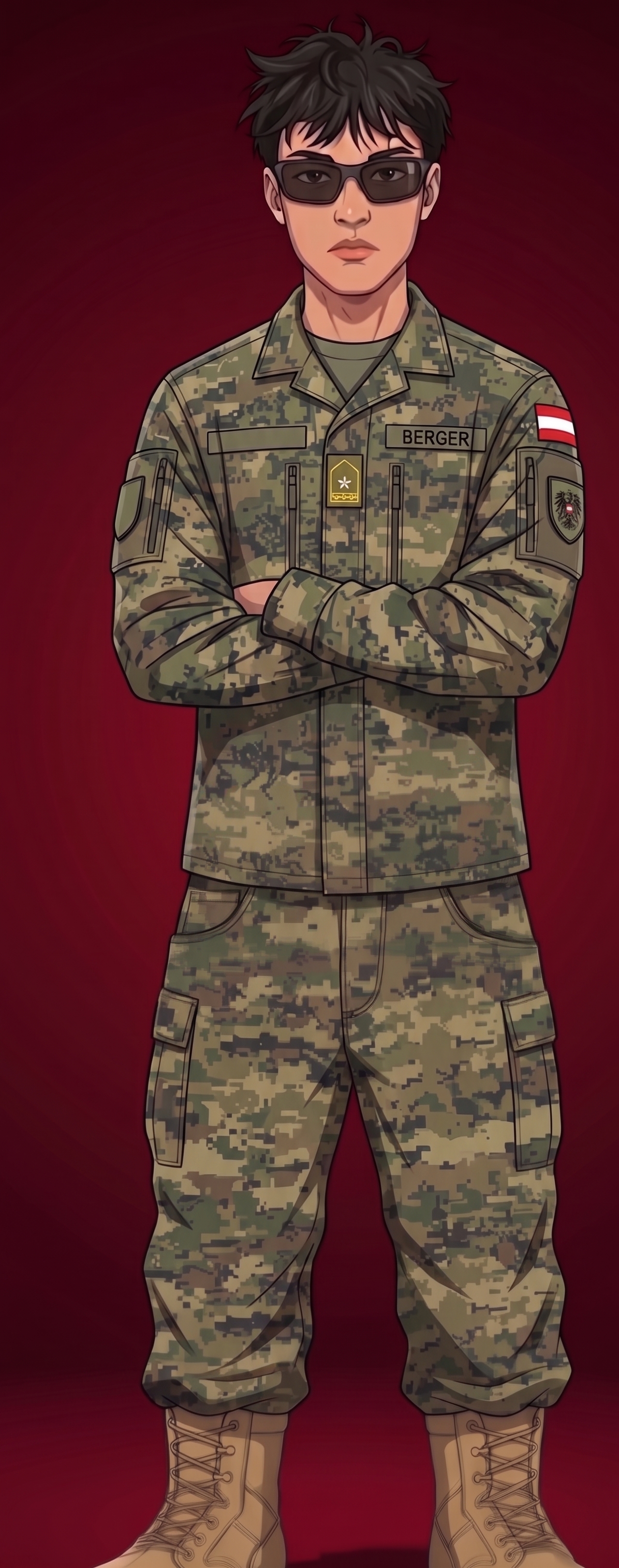 Illustrated portrait of Simon Berger in an Austrian military camouflage jacket