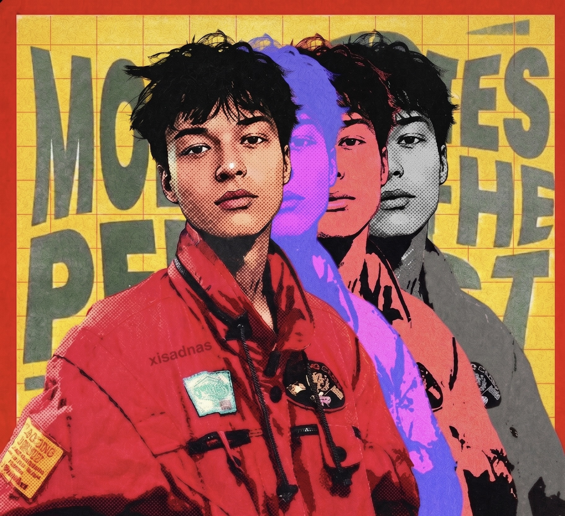 Pop-art portrait of Simon Berger in a red racing jacket against a yellow grid