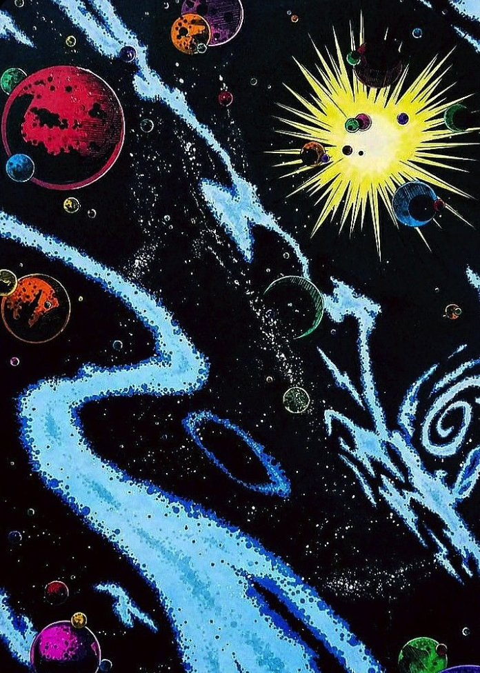 Vintage comic-style illustration of planets, a yellow sun, and blue nebulae in space